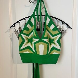 Boutique Debut Green Star Pattern Halter Tie Crop Top Size Small